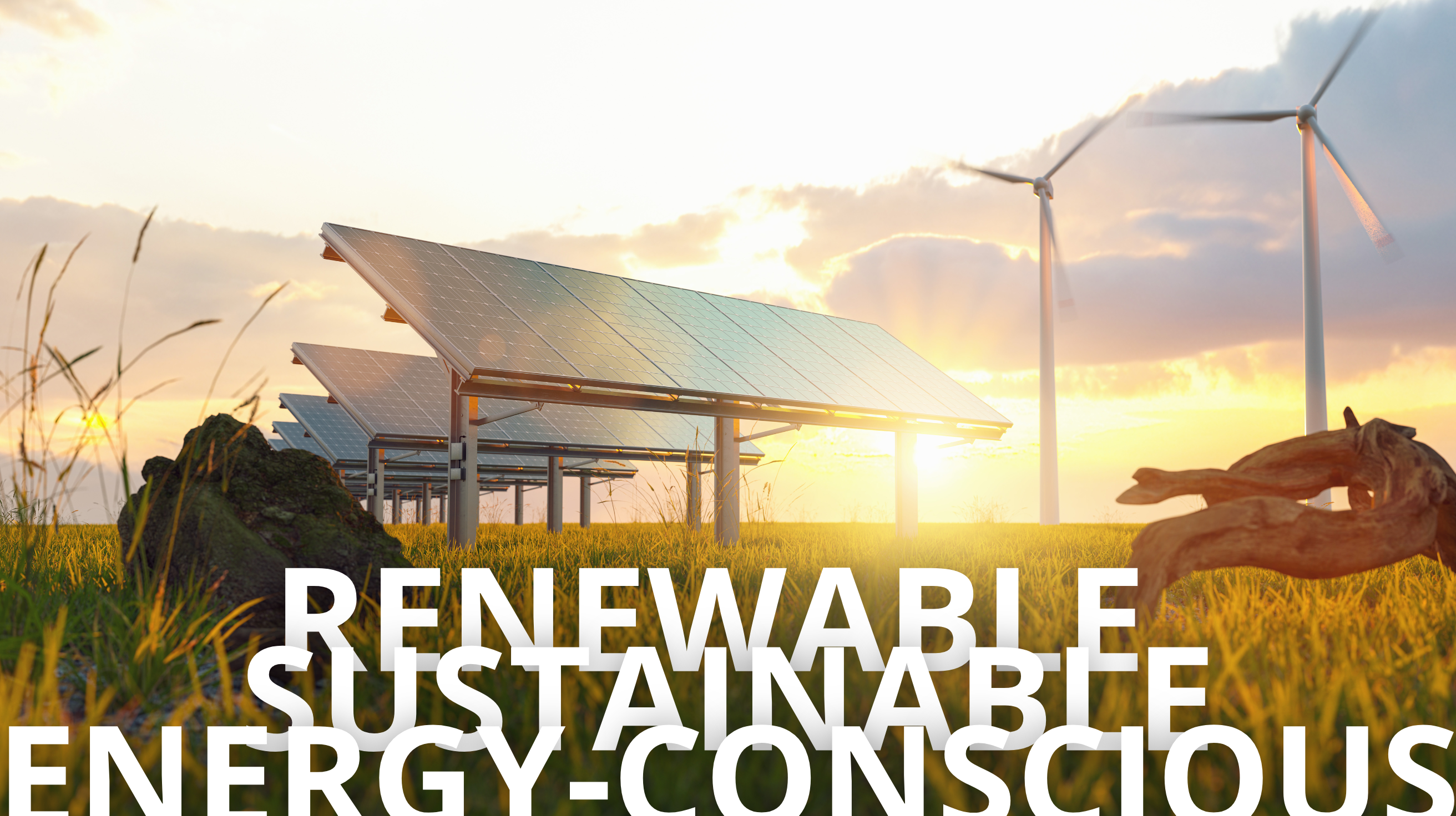 Solar panels and wind turbines at sunset, symbolizing renewable and energy-conscious HVAC technology.